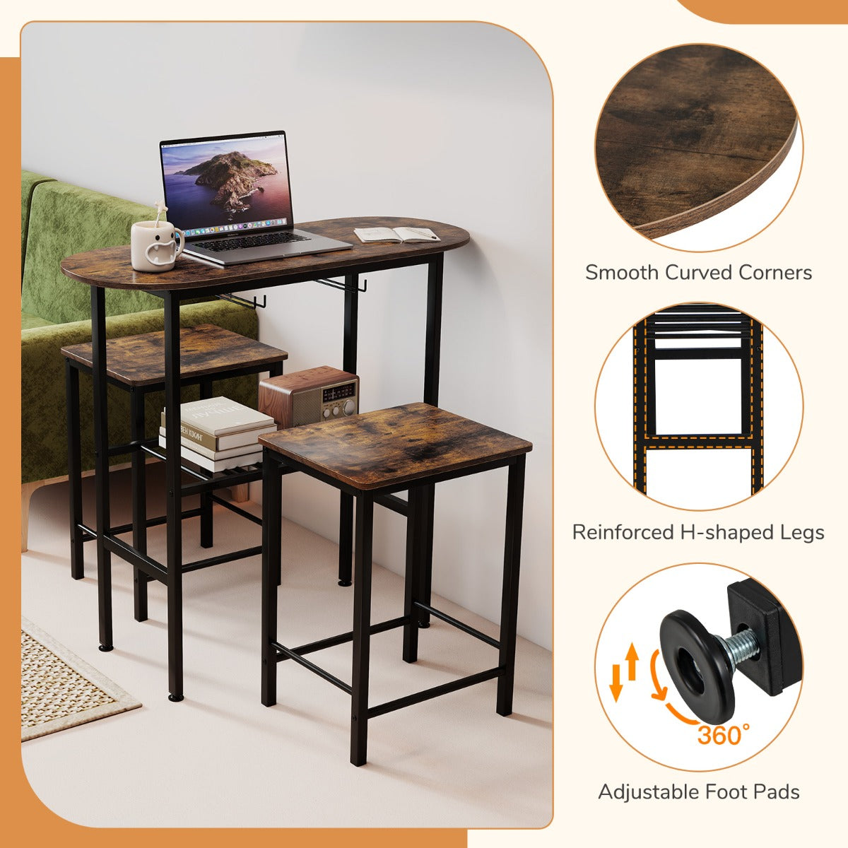 3 Piece Counter Height Table Set with Wine Rack-Brown