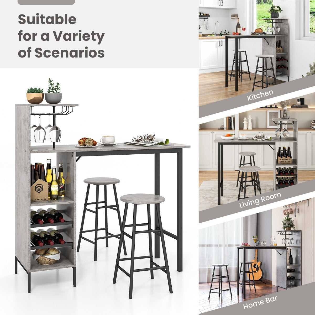 3 Pieces Bar Table and Chair Set with 6-Bottle Wine Racks for Dining Room-Grey