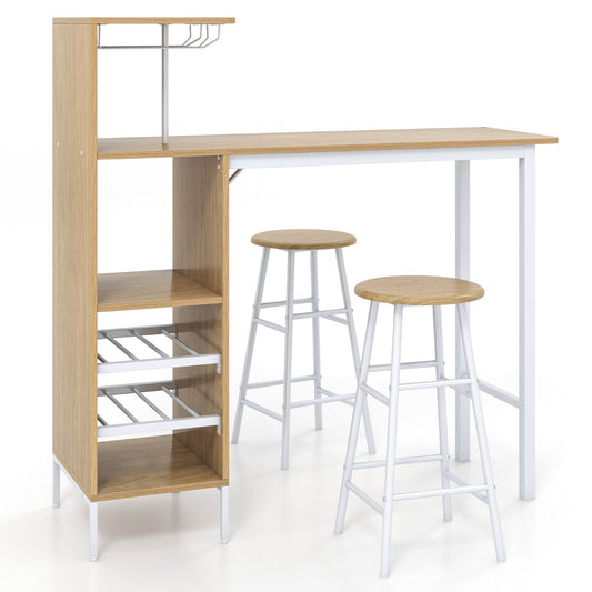 Costway 3 Pieces Bar Table and Chair Set with 6-Bottle Wine Racks for Dining Room-Natural