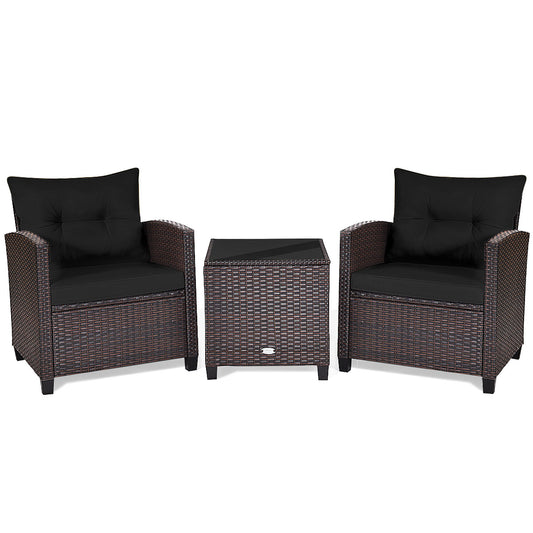 3 Pieces PE Rattan Wicker Outdoor Sofa Patio Lounge Set-Black