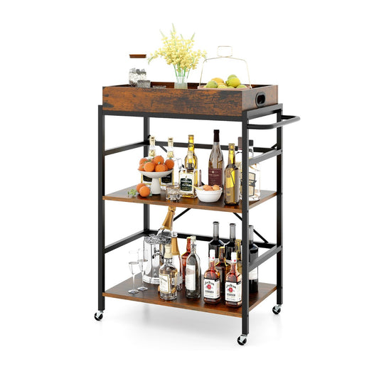 Costway 3-Tier Bar Cart Industrial Serving Cart with Detachable Tray-Rustic Brown