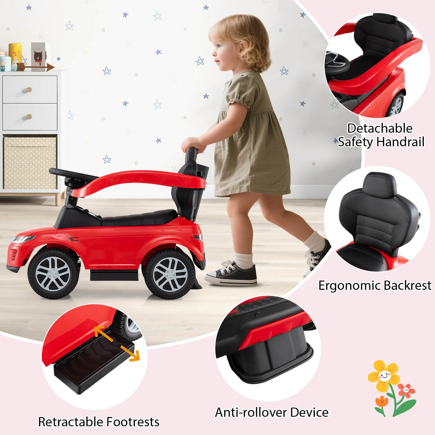 3-in-1 Push Car for Toddlers with Removable Handle Licensed Land Rover Discovery-Red