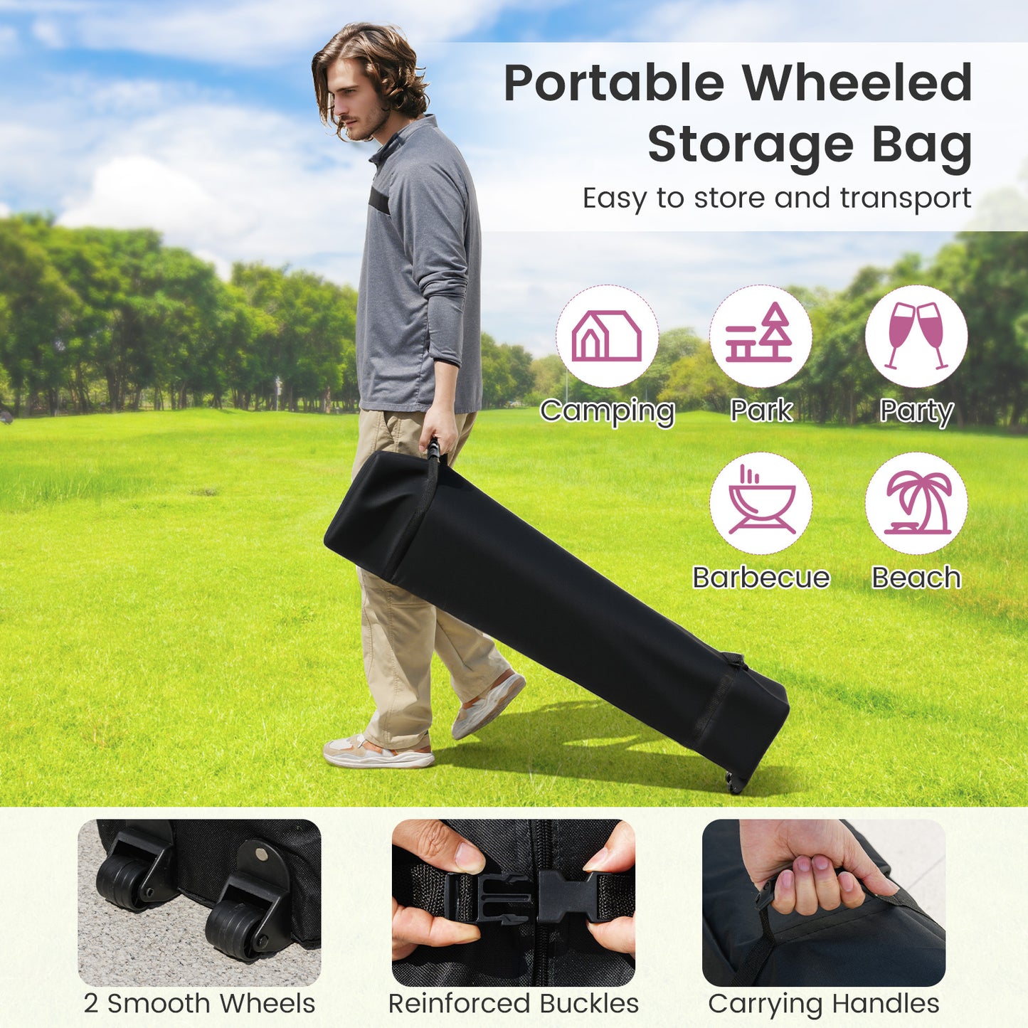 3 x 3 m Pop up Canopy Tent Foldable with Wheeled Bag and 4 Sandbags-Pink