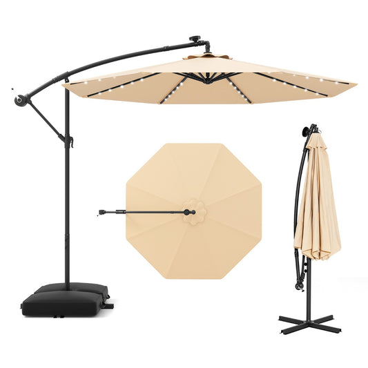 Costway 3m Hanging Offset Umbrella Cantilever Umbrella with 32 LED Lights-Beige