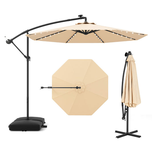 Solar-powered cantilever umbrella provides up to six hours of nighttime lighting after daytime charging