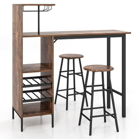 Costway 3 Pieces Bar Table and Chair Set with Wine Glass Holders and Wine Racks-Rustic Brown