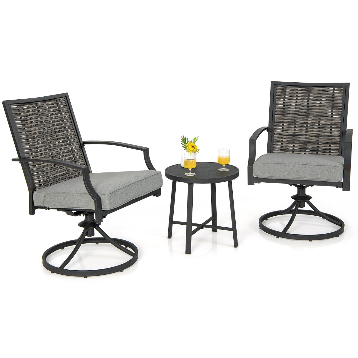 Three-piece outdoor swivel furniture set is ideal for backyards, poolside areas, and patios