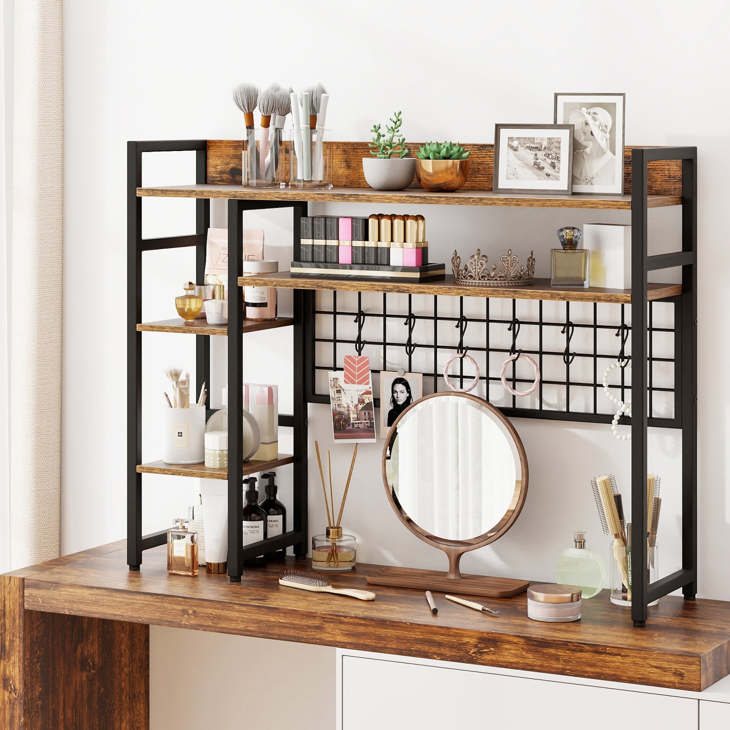 4-Tier Desk Shelf with Metal Grid Panel and 6 Hooks-Coffee