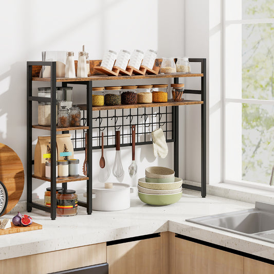 4-Tier Desk Shelf with Metal Grid Panel and 6 Hooks-Coffee