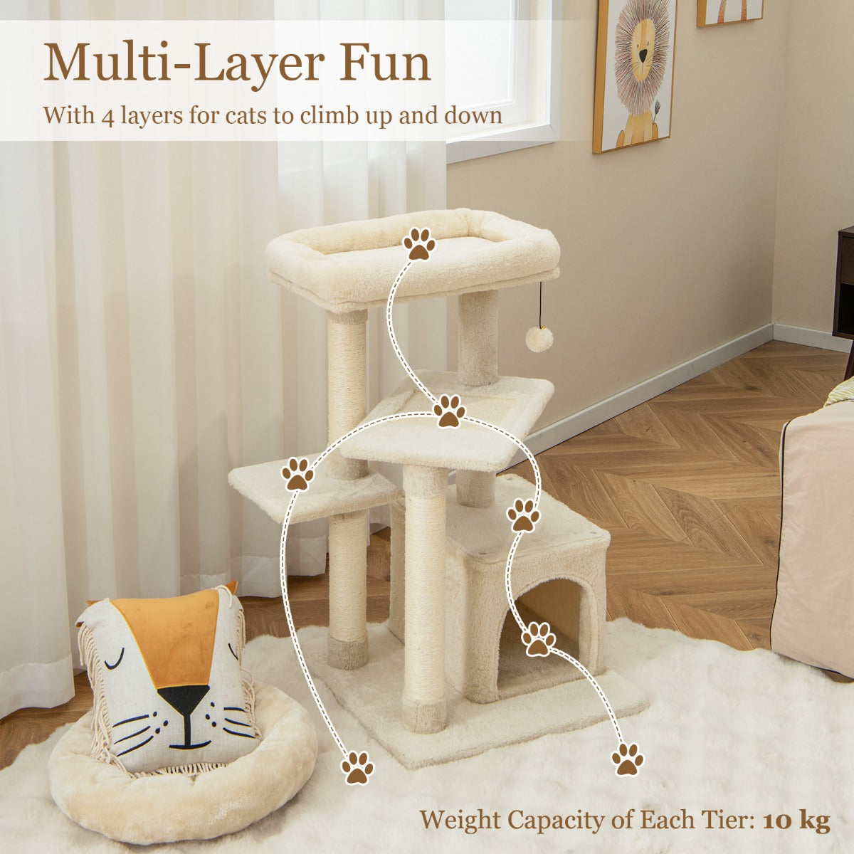 Indoor Plush 4-Layer Cat Tree with Scratching Posts for Pet-Beige