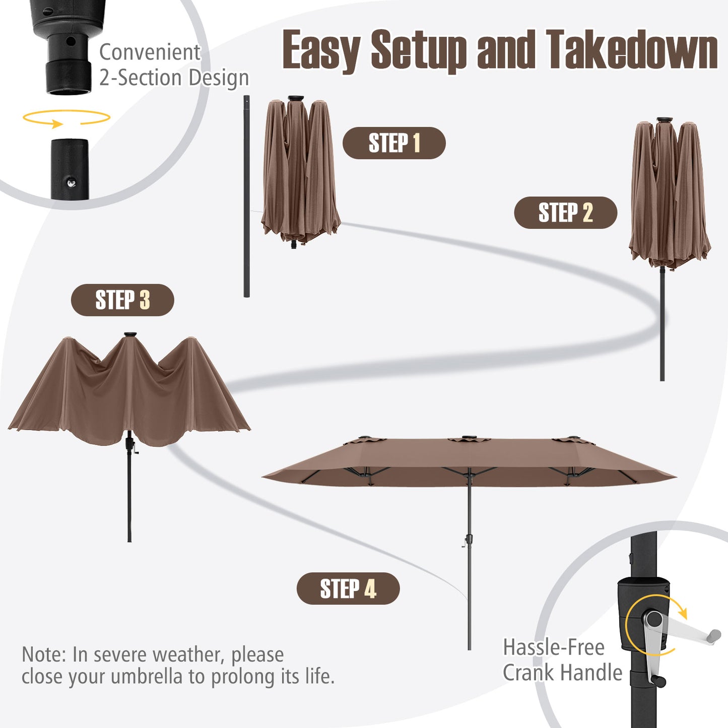 4.7 m Extra-Large Patio Umbrella with LED Solar Lights for Backyard-Coffee