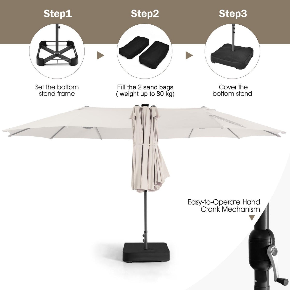 Double-sided solar patio umbrella suits backyards, markets, restaurants, pool areas, and cafes