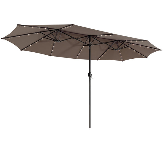 Costway 480cm Twin Patio Umbrella with 48 LED Lights and Solar Pane-Coffee