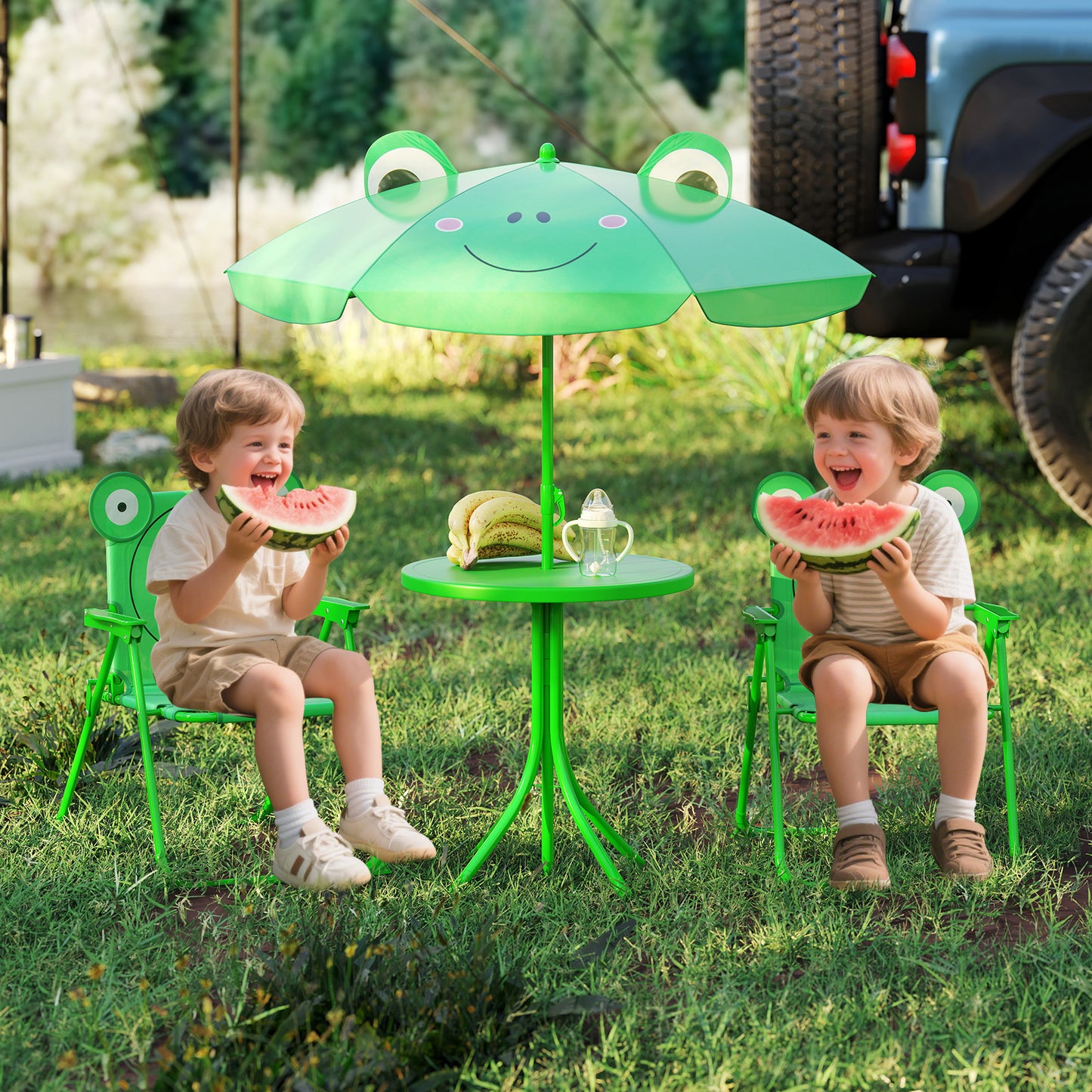 4 Pieces Kids Picnic Set Toddler Outdoor Activity Table with 2 Folding Chairs-Green