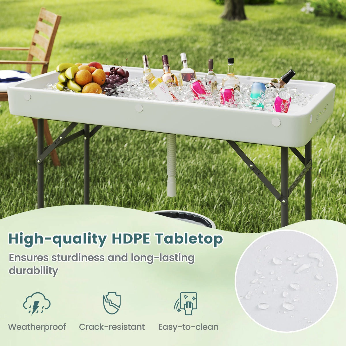 Portable Outdoor Cooler Table with Drain and Removable Matching Skirt-White