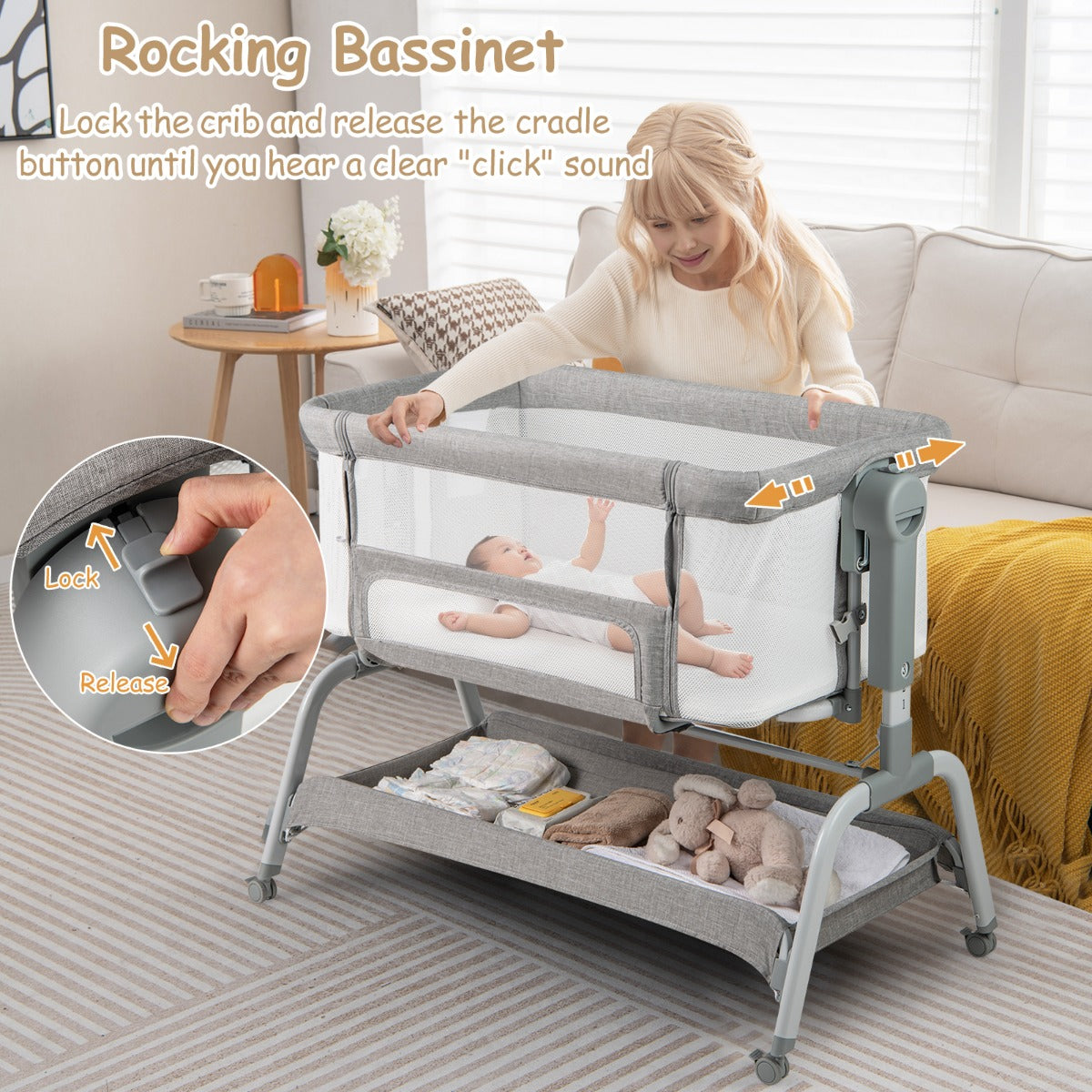 Height Adjustable Travel Cot with Mattress for 0-6 Months-Grey