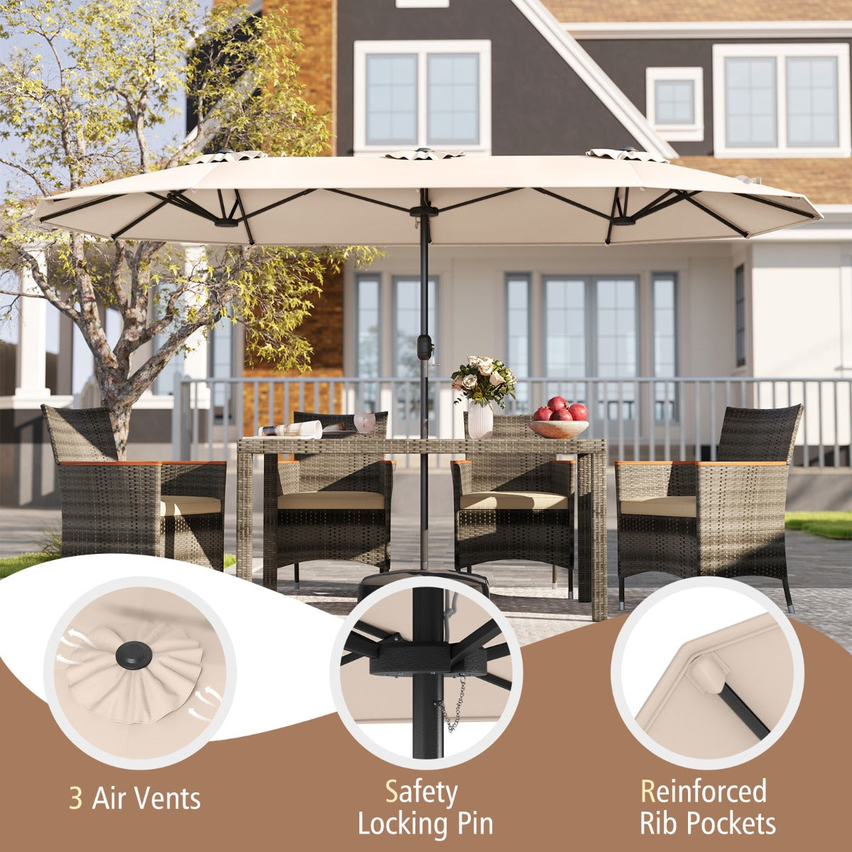 4 M Double-sided Patio Umbrella with Crank Handle, Umbrella Base for Garden Pool Backyard-Beige