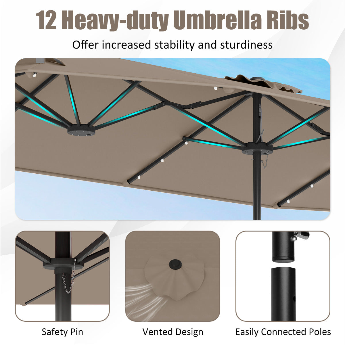 4 m Double-Sided Patio Umbrella with Base and Solar Lights-Coffee
