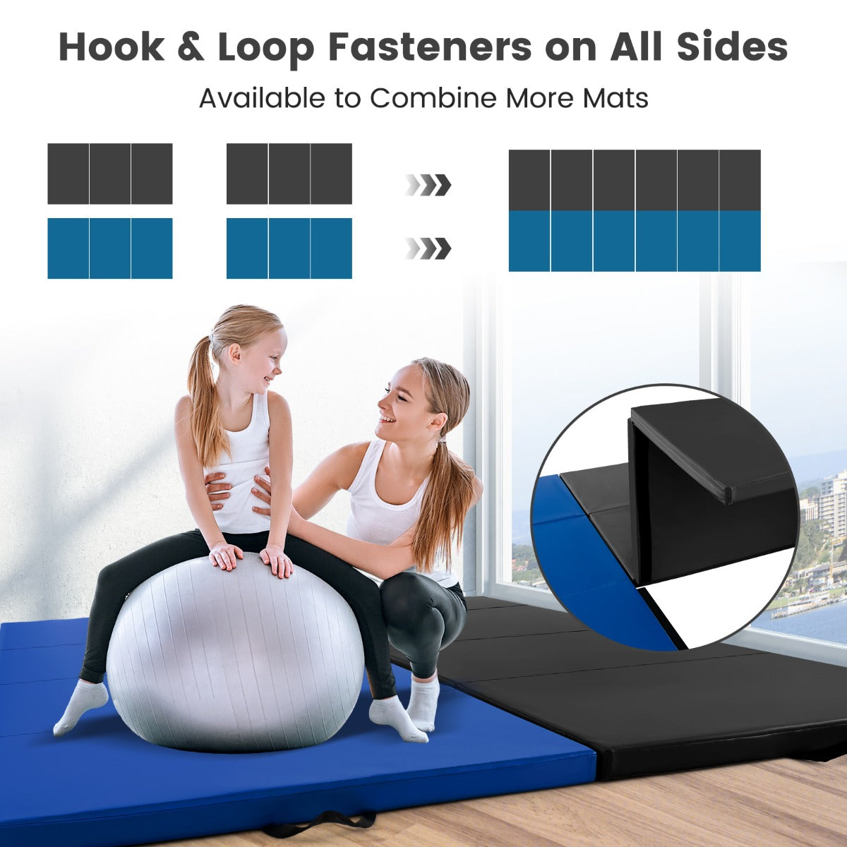 Costway 4-Panel Folding Exercise Mat with Carrying Handles and Fasteners-Black