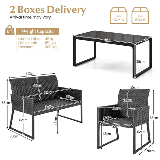4-Piece Outdoor Wicker Sofa Set with Quick-Dry Foam and Tempered Glass Table