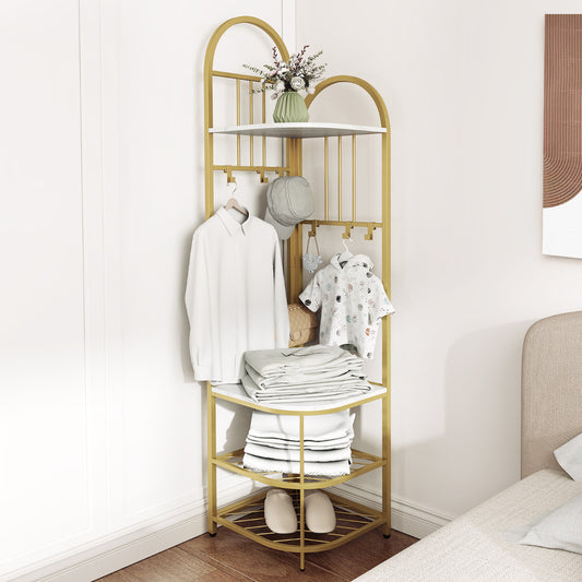 4-Tier Coat Rack with Shoe Storage Bench and 6 Removable Hooks-White
