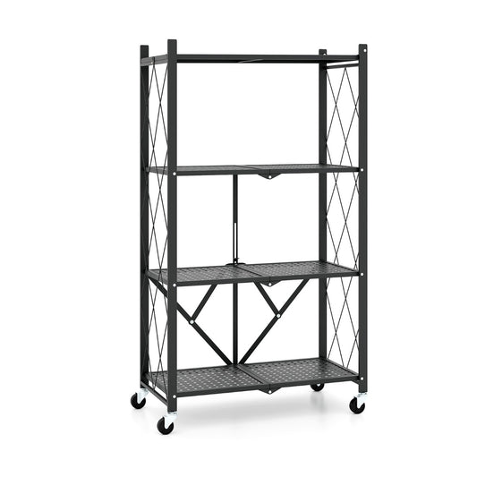 Costway 4-Tier Foldable Storage Shelf with Lockable Wheels-Black