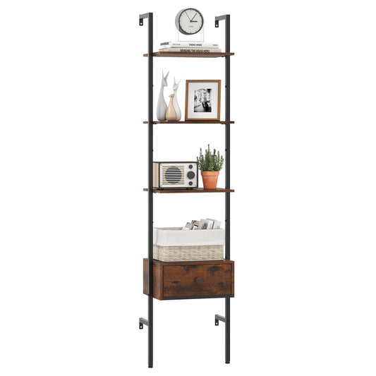 5-Tier Ladder Bookcase with Drawer Tall Wall-Mounted Bookshelf-Rustic Brown