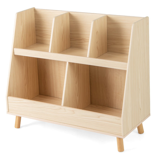 5-Cube Kids Bookshelf and Toy Organizer with Solid Wood Legs and Anti-Tipping Kits-Beige