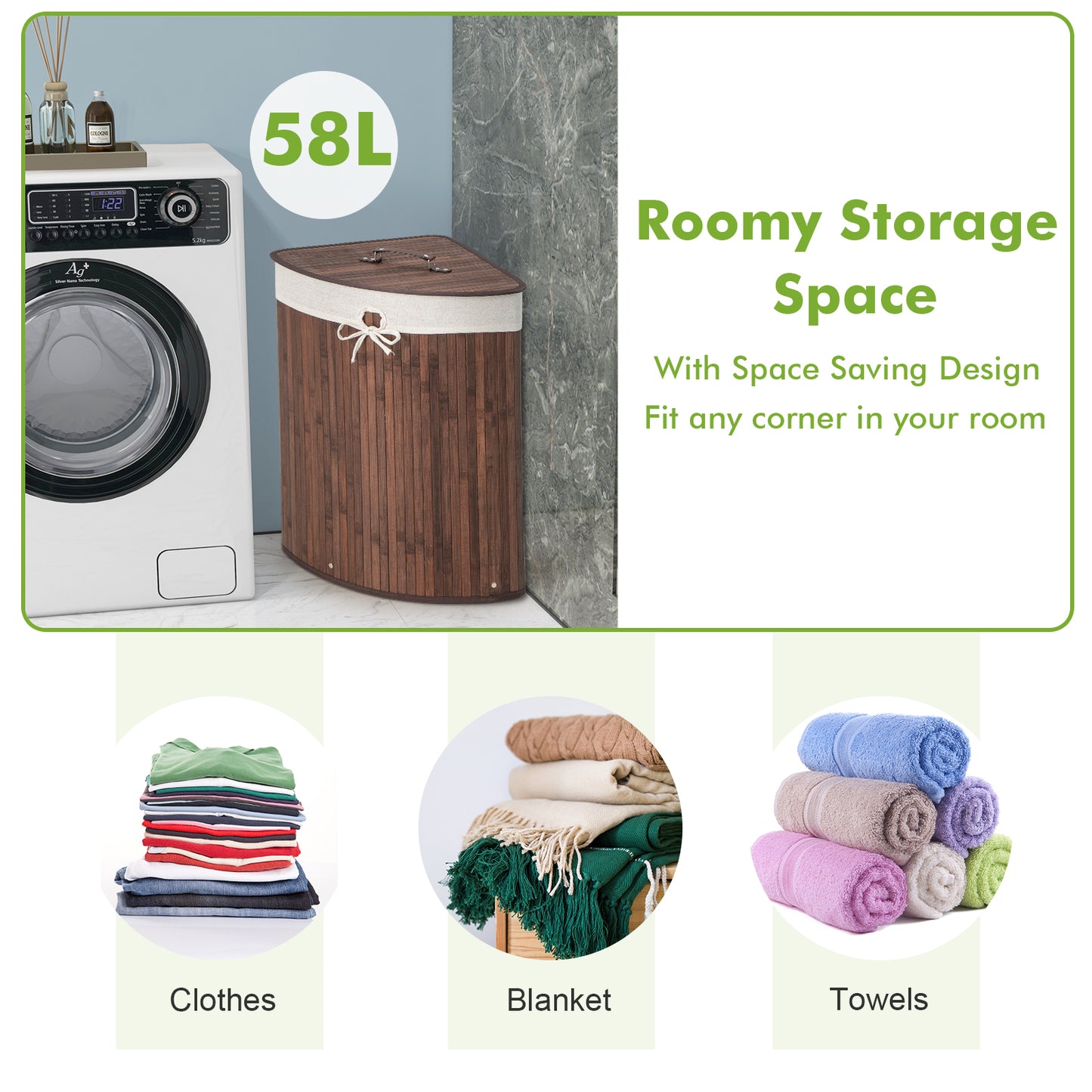 58L Bamboo Laundry Basket with Machine Washable Liner Bag-Coffee
