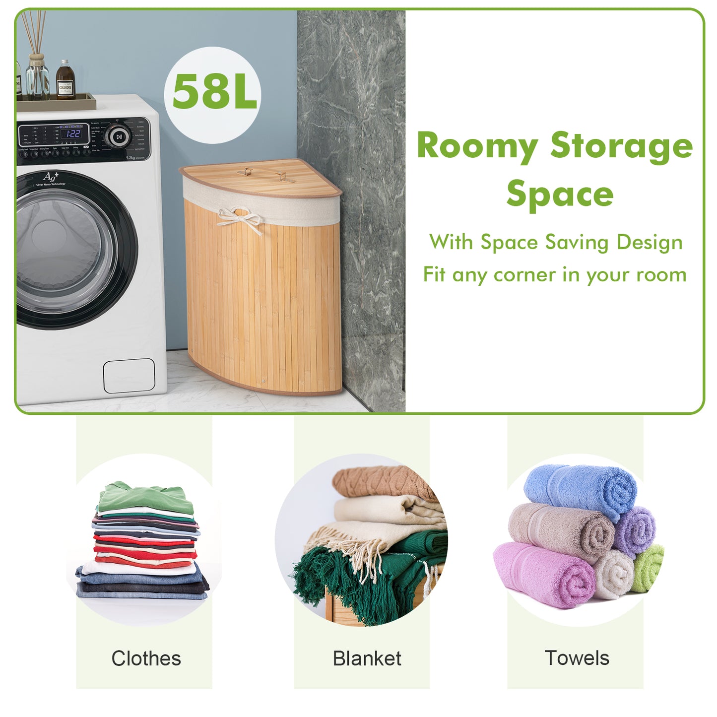 58L Bamboo Laundry Basket with Machine Washable Liner Bag-Natural