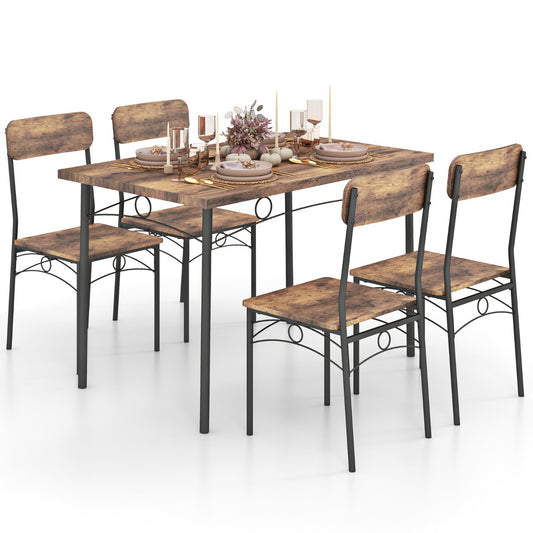 5-Piece Dining Table Set for 4 with Metal Frame and Wood Rectangular Table-Coffee