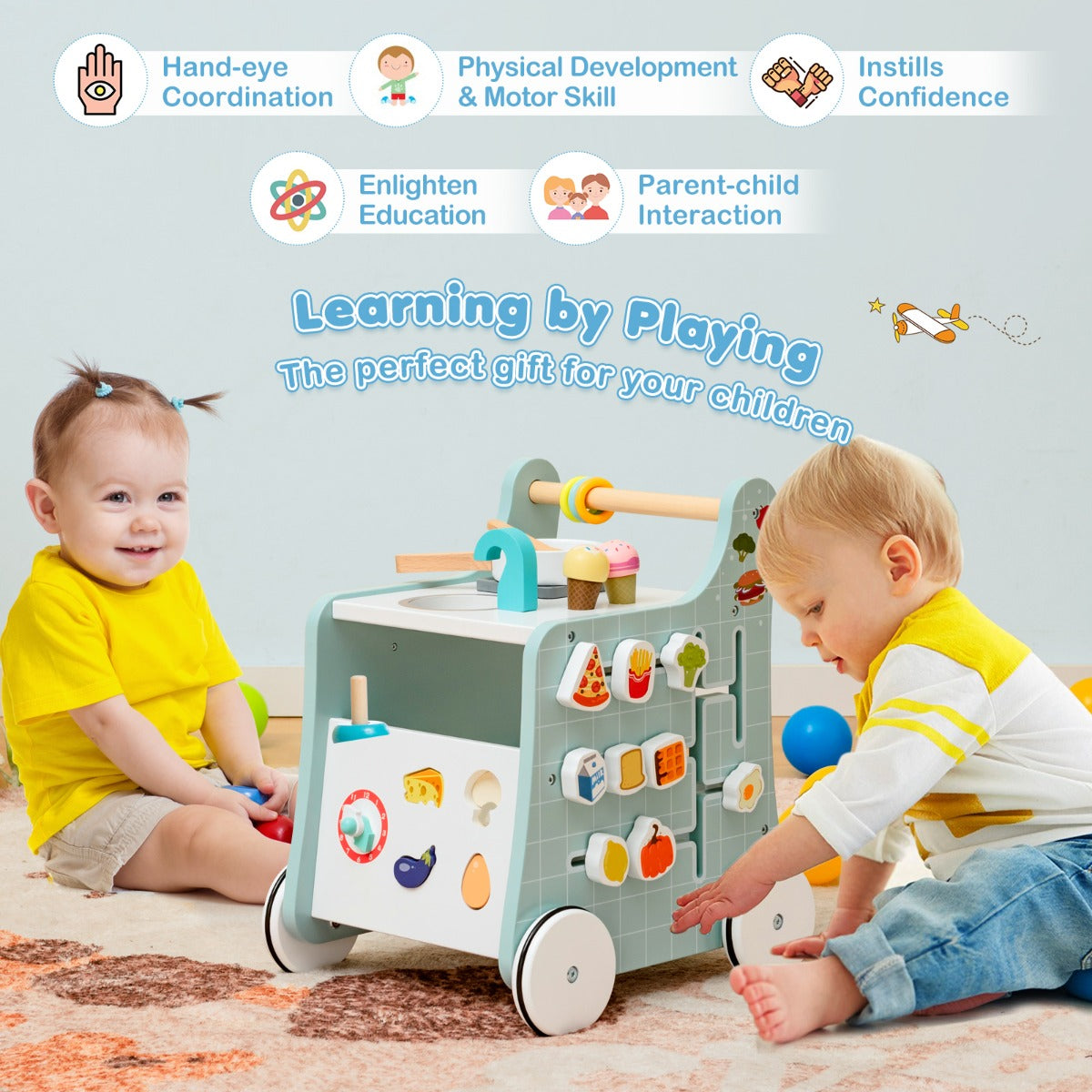 Designed for children over 12 months, this wooden walker encourages creativity and motor development