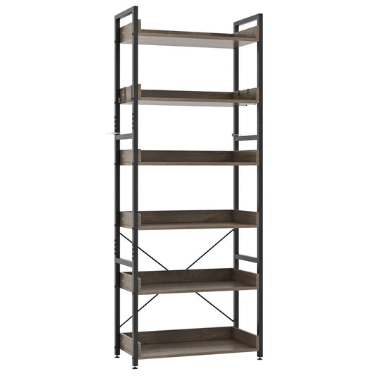6-Tier Storage Rack with 4 Hooks and Open Display Shelves-Grey