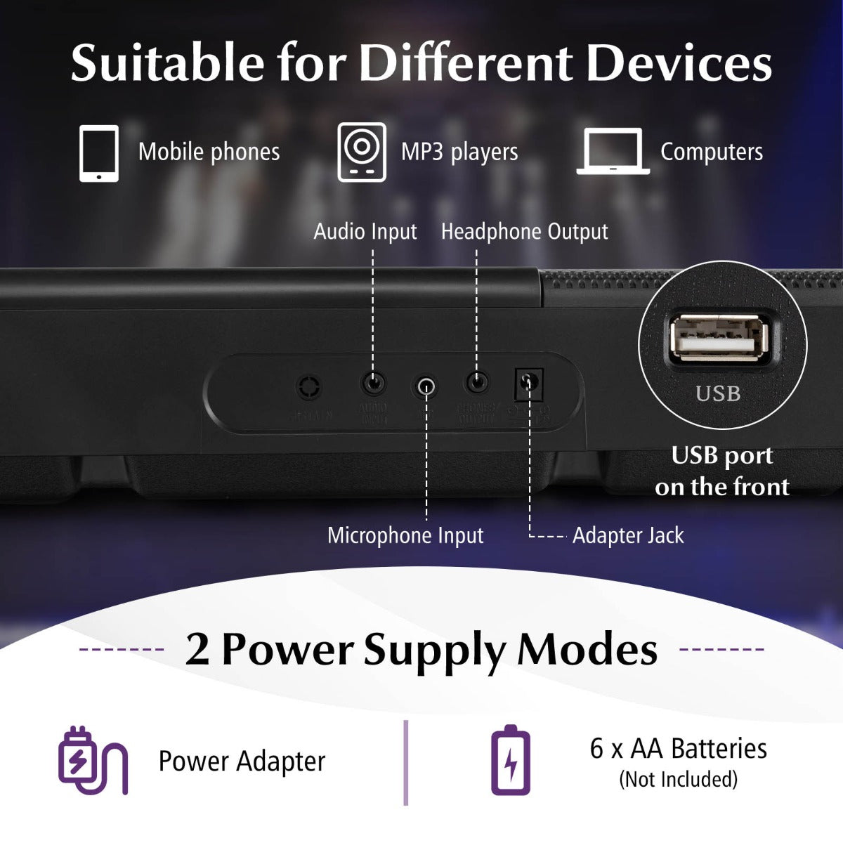 Adapter or six AA batteries power the keyboard, with batteries not included