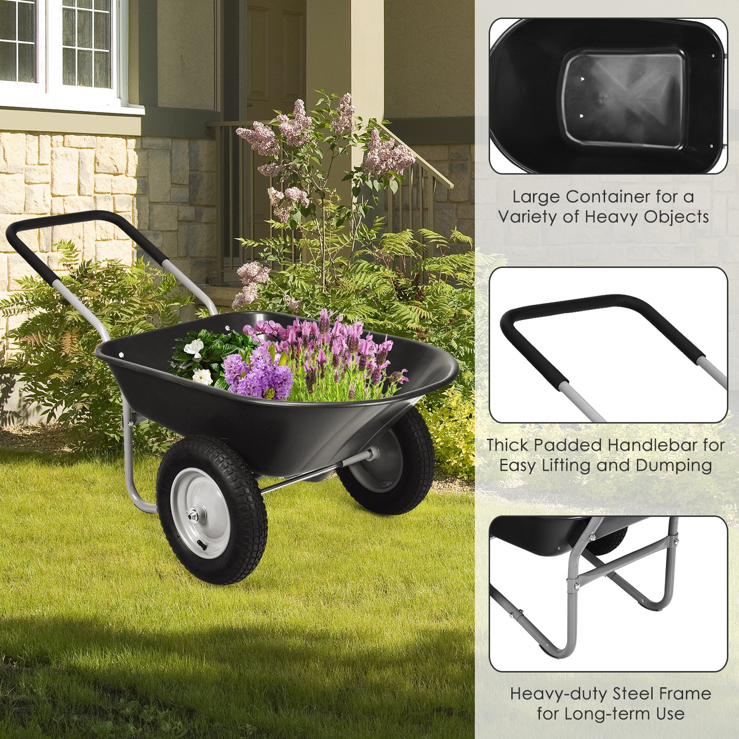 2 Tire Wheelbarrow Garden Dolly Utility Cart with14 inch Pneumatic Tires-Black