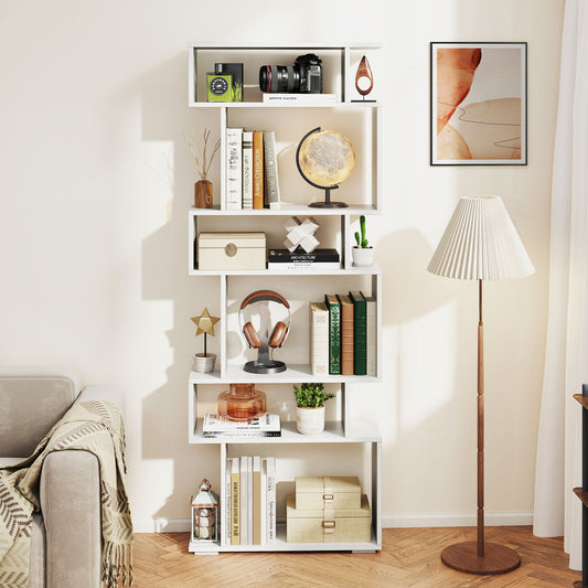 6-Tier Geometric Bookshelf with 2 Anti-Tipping Kits-White