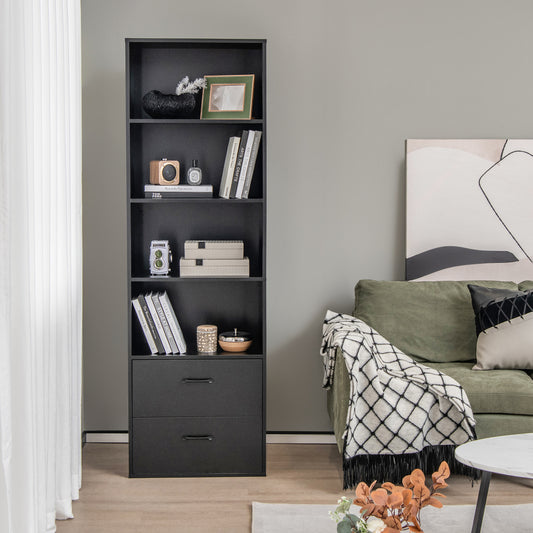 6-Tier Modern Bookcase 4-tier Open Bookshelf with 2 Slide-out Drawers-Black