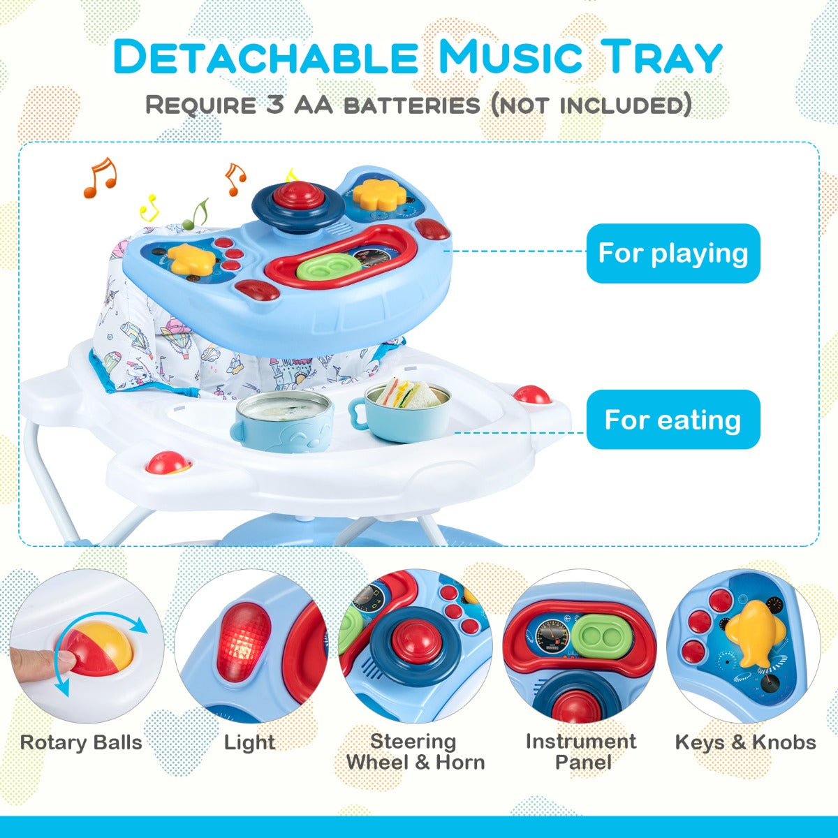 6 in 1 Baby Walker & Activity Center with Adjustable Height and Removable Music Tray-Blue
