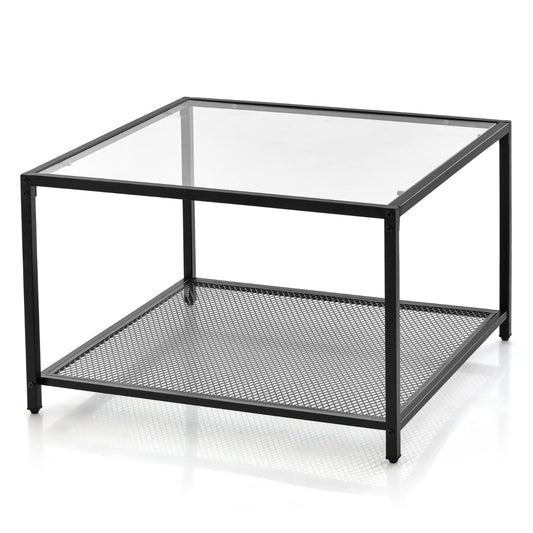 Costway 70 CM Modern 2-Tier Square Glass Coffee Table with Mesh Shelf-White