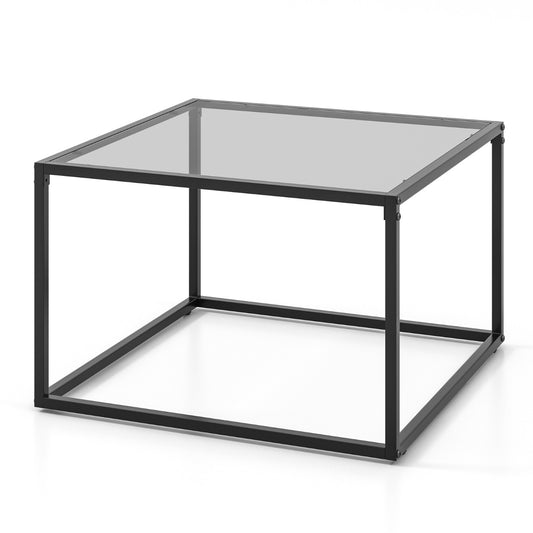 Costway 70 CM Modern Square Glass Coffee Table with Metal Frame-Grey