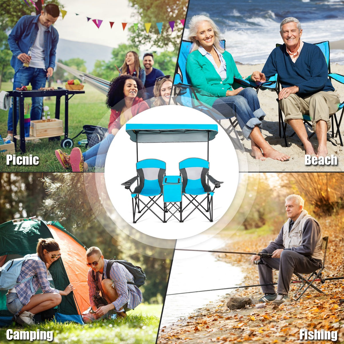 Double Folding Camping Chair with Canopy and Armrests-Blue