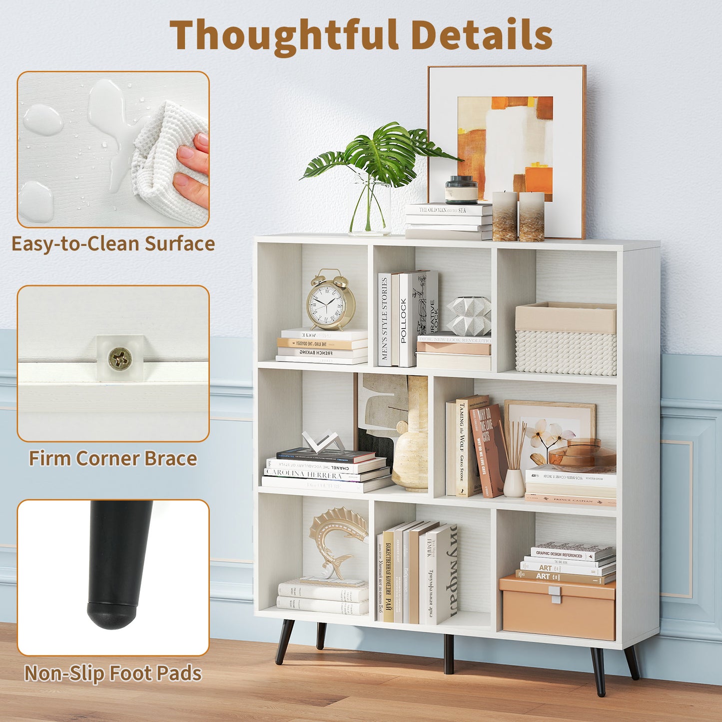 8-Cube Bookcase Mid Century Modern Storage Organizer with 5 Tapered Metal Legs-White