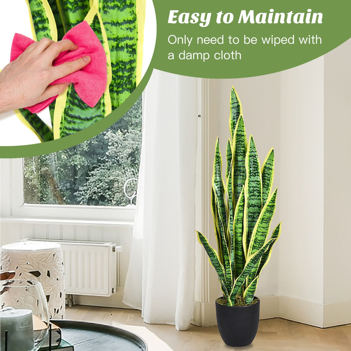Easy-care artificial plant with wipe-clean leaves that never wither or fade