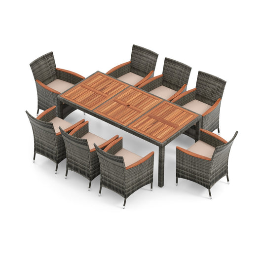 Costway 9 Pieces Patio Wicker Dining Set with Removable Cushions and Umbrella Hole
