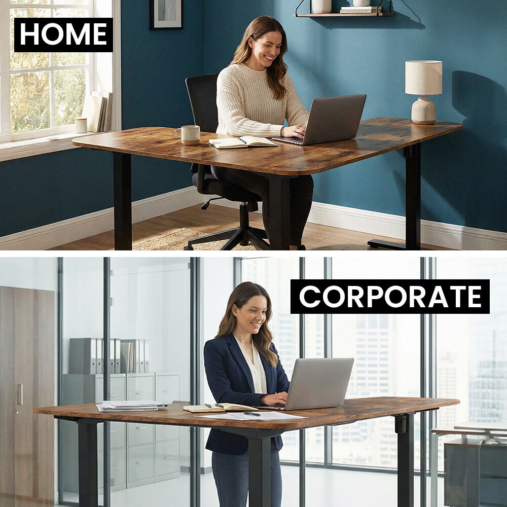 Corner Standing Desk, 160x140cm, 72-118cm Sit to Stand Up Electric Height Adjustable, Walnut Style Desktop/Black Frame