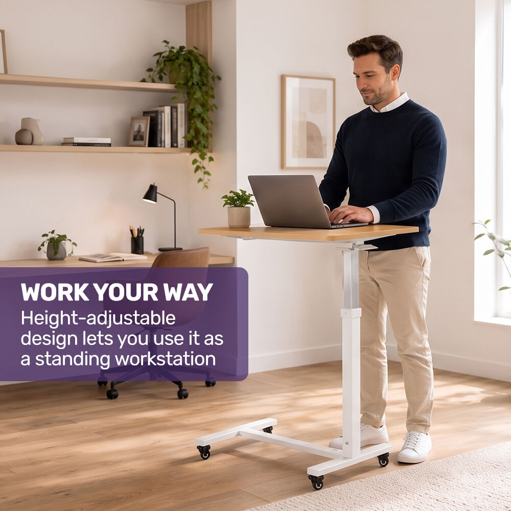 Overbed Table with Gas Lift, 15kg Load, Steel Frame, 78-107cm Adjustable Height, Lockable Castors, Home Care Use