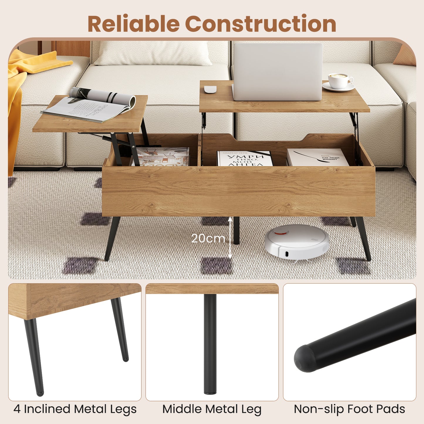 Accent Coffee Table with 2 Hidden Compartments for Living Room