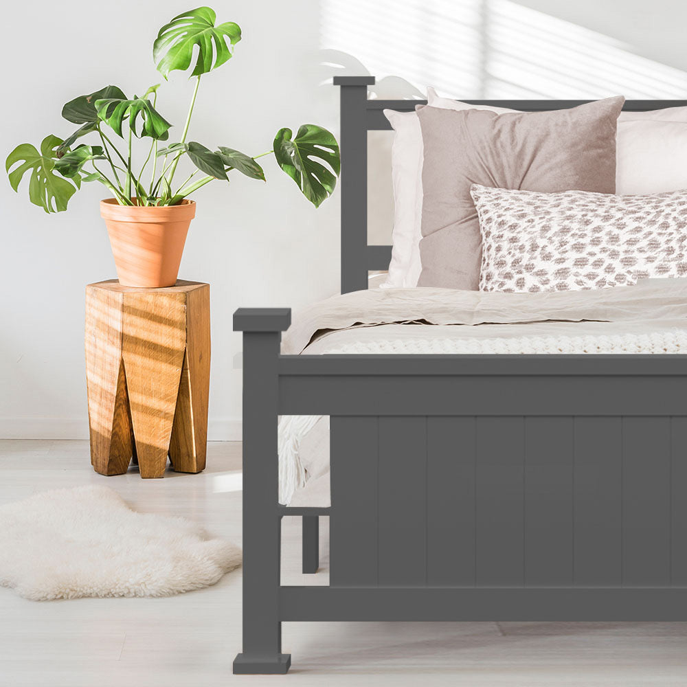 King Single Wooden Bed Frame, Pine Wood, 150kg Capacity, Grey Finish