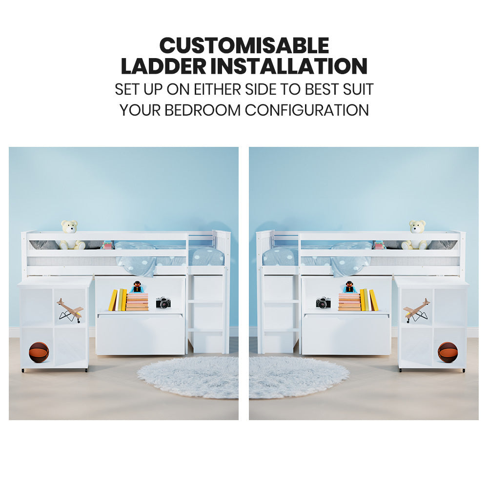 Kids Loft Bed Frame with Pull-Out Desk and Storage, 120kg Capacity - White