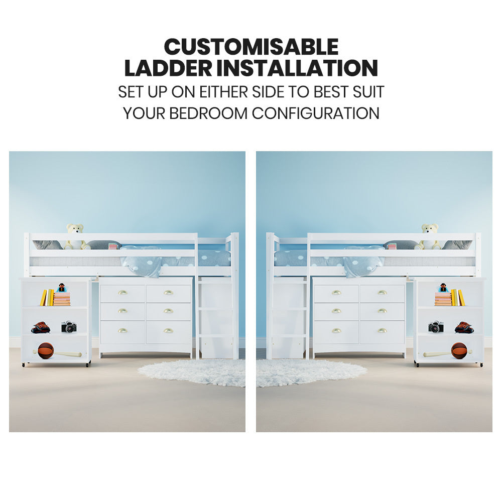Wooden Kids Loft Bed Frame with Desk, Storage Drawers, and Cabinet - White